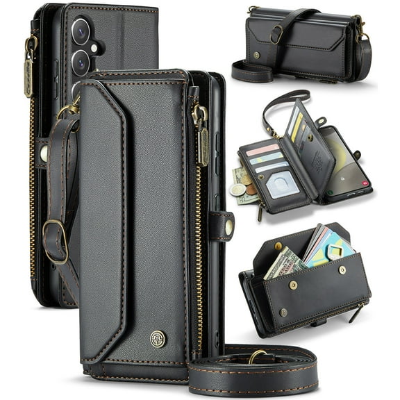 Shellify Crossbody for Samsung Galaxy S23 Case Wallet RFID Blocking with 7-Card Holder Zipper Bills Slot,PU Leather Magnetic Shoulder Strap for Samsung Galaxy S23 5G Phone Case for Women Men,Black