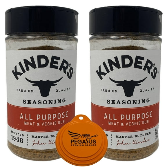 PPB Variety Pack - Kinder's All Purpose Meat & Veggie Rub Seasoning 9.4oz (2-Pack) and Pegasus Premium Brands 3-Step Lid Cover