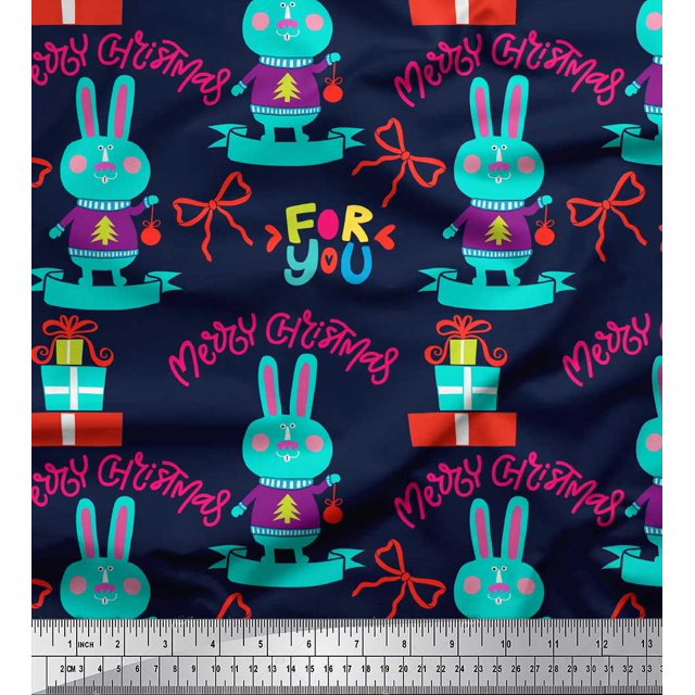 Soimoi Blue Poly Georgette Fabric Text & Bunny Kids Printed Fabric 1 Yard 42 Inch Wide