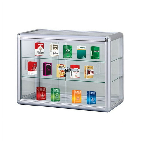 14" W x 12" D x 27" H Glass Display Showcase - Counter Top Aluminum Frame Tempered Glass, 3 Shelves