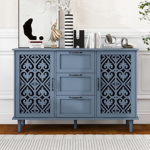 LFGUIZO 47" Blue Kitchen Storage Cabinet with 3 Drawers, American Carved Adjustable Shelves Buffet with Heart-Shaped Hollow-Carved Doors, Living Room Pantry Cupboard