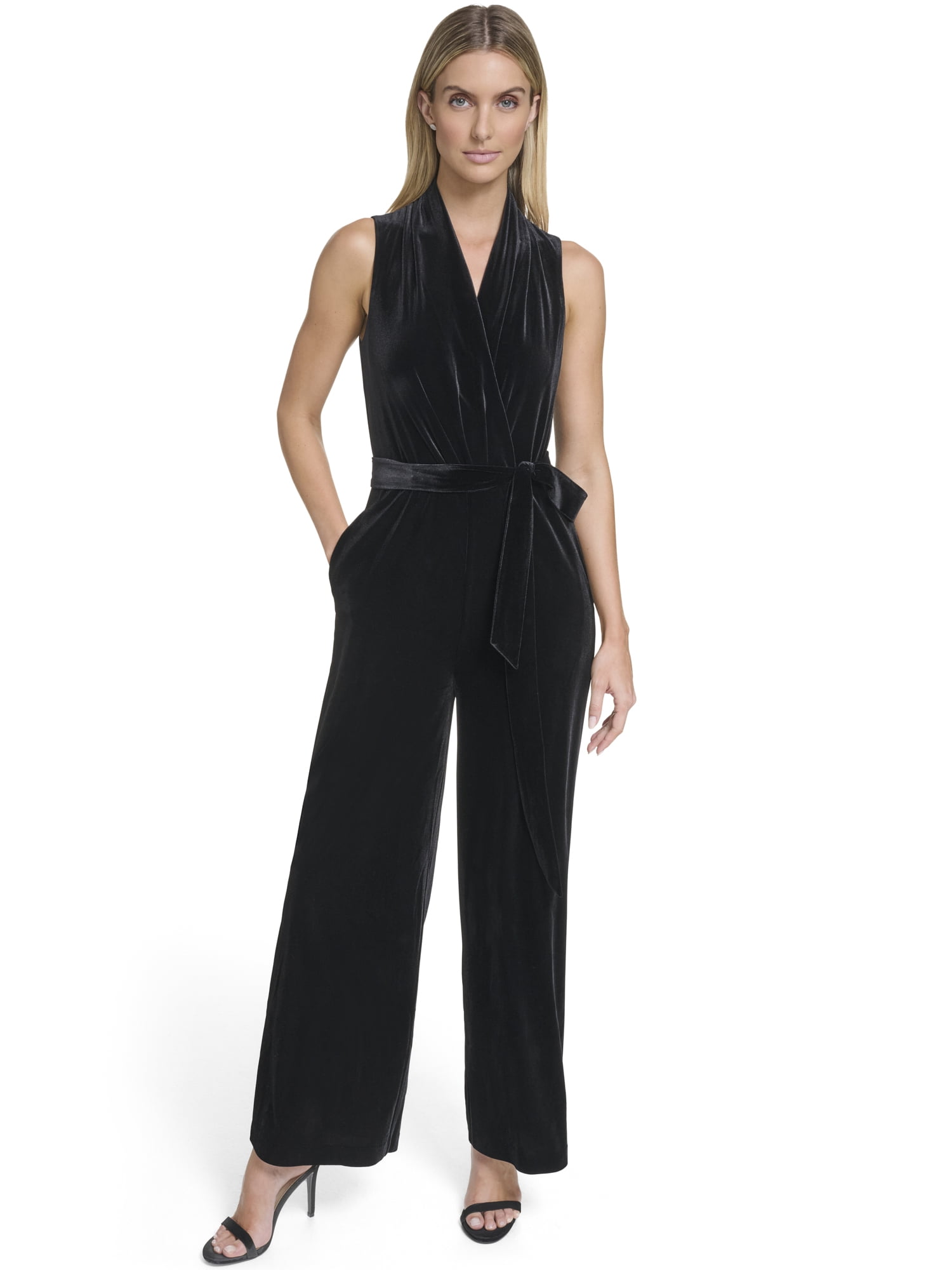 Falling Flowers Women's Velvet Surplice Blouson Jumpsuit, Sizes XS-XL