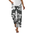 thumbnail image 4 of Boho Beach Pants for Women Casual Floral Print Elastic Waist Wide Straight Leg Loose Linen Cropped Pants with Pockets, 4 of 7