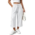 thumbnail image 4 of TEAJOPSUU Women's Cotton Blend Capris Pants Drawstring Elastic Waist Cropped Wide Leg Capris Decorative Side Buttons for Casual Everyday Loungewear White, 4 of 7