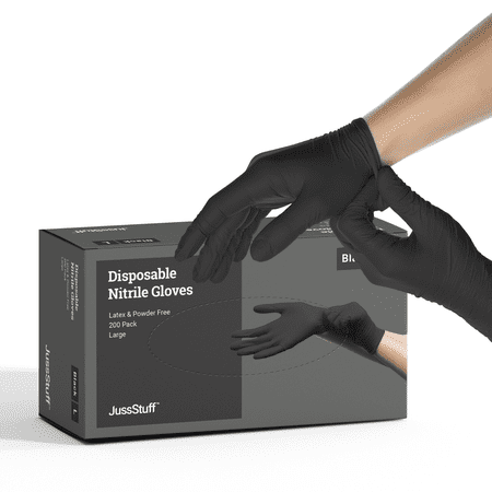 JussStuff Nitrile Gloves  Exam Gloves - Black - Box of 200 Gloves (Large)