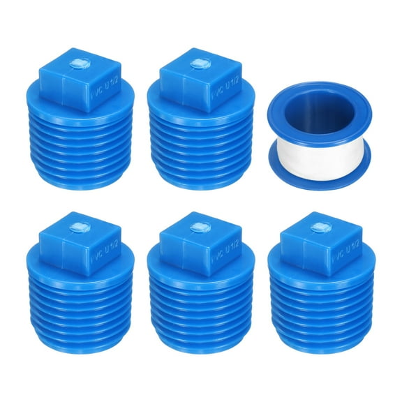 5Pack 1/2 Inch PT Male Thread Pipe Fitting Plug, Cleanout Plugs, Water Drain End Caps Coupling Adapter with Tape for Water Heater Supply Lines, Plumbing, Blue