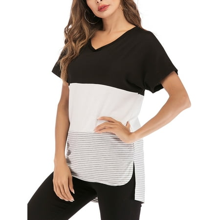 LELINTA Women's Short Sleeve T-Shirt Crewneck Color Block Striped Workshirt Outdoor