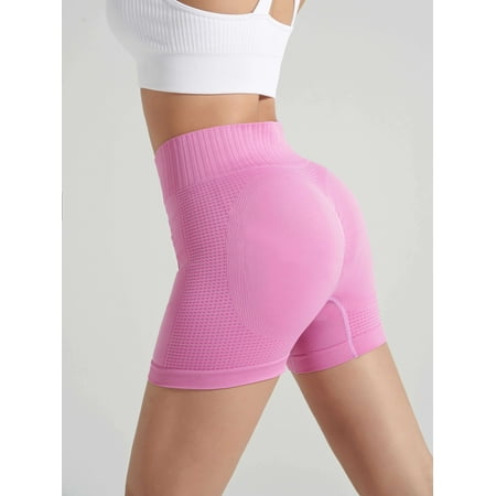 Plus Size Solid Elastic High Sports Shorts  Women s Plus Tummy Control High Stretch Running Shorts