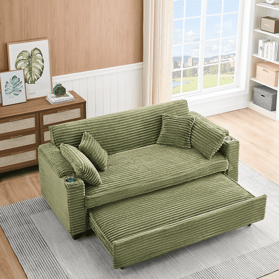 Green Corduroy Pull - out Sofa Bed with Multiple Pillows, Ideal for Living Room Decoration