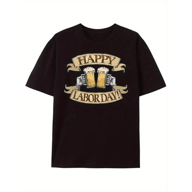 Camiseta con estampado de jarra de cerveza "Feliz Día del Trabajo" para hombre - Algodón suave de 180 g, manga corta informal, cuello redondo, negra con estampado dorado y blanco, perfecta para celebr