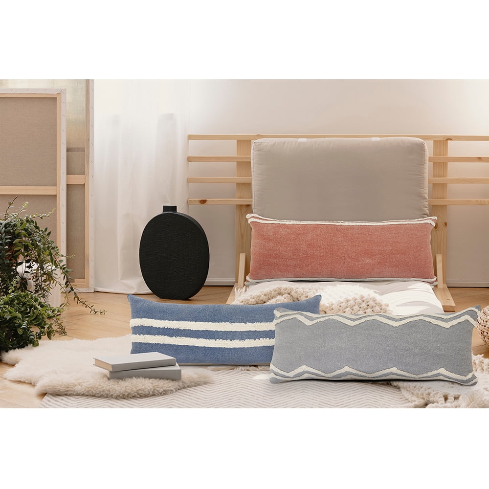 Ox Bay Sariyah Dusty Blue/White Shag Striped Over-tufted Cotton Adult Decorative Lumbar Pillow Cover
