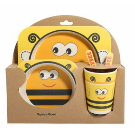 

5PCS Children Tableware Set-Five-piece Natural Bamboo Fiber Bowl With Cup Spoon Plate Fork Baby Dishes Plate Gift Tableware Yellow bee