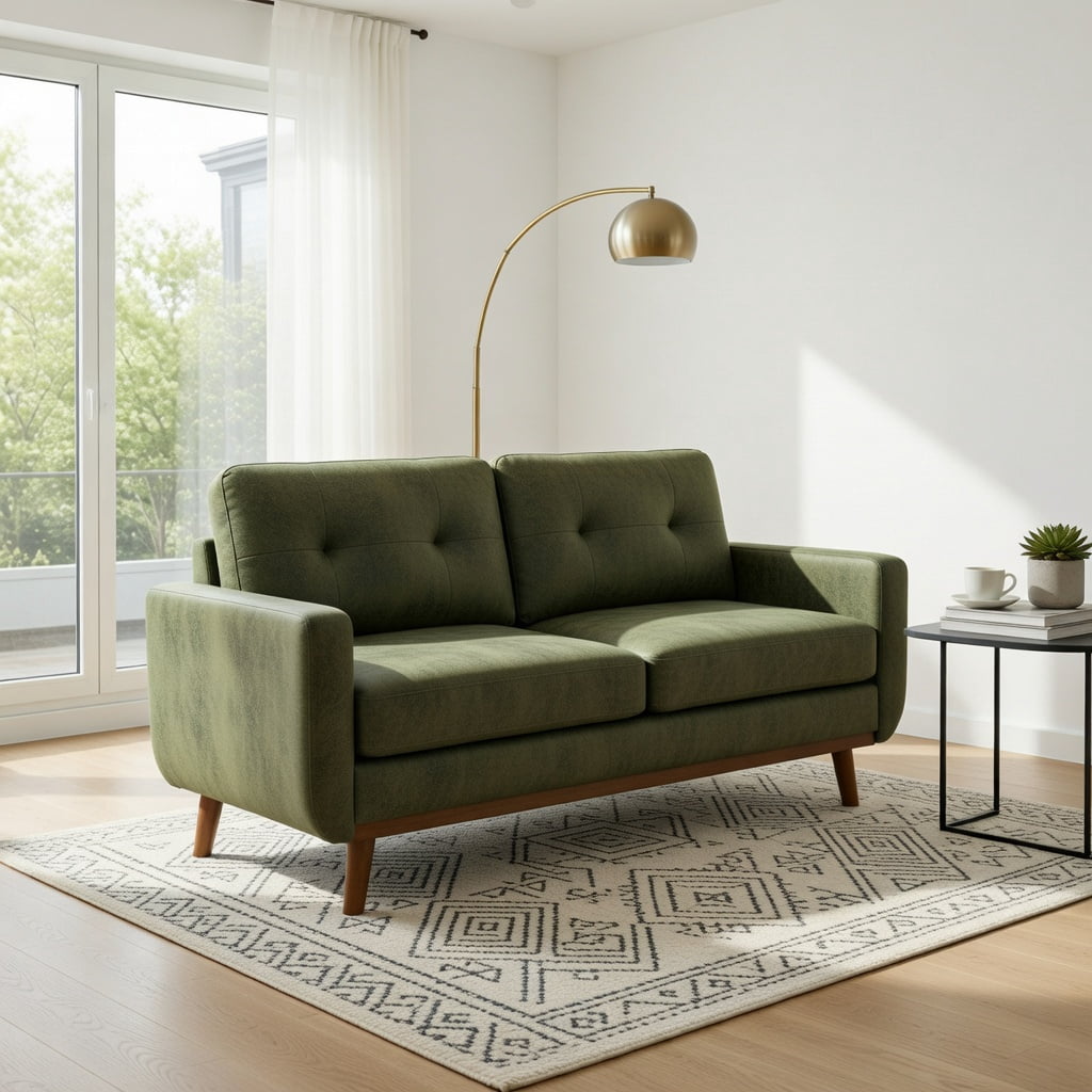 Hommoo 65" Mid-Century Modern Two-Seater Sofa, Breathable Polyester Fabric, Solid Wood Legs, Tool-Free Assembly, Olive Green