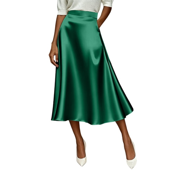 Squevariel Womens Satin Silk Midi Skirt Casual High Waist Skirts Fashion Soft Solid Color Long Skirt