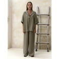 thumbnail image 6 of Women'S 2 Piece Outfits Solid Color Long Sleeve Linen Pants Suit Shirt Wide Leg Tracksuit Casual Straight Khaki L, 6 of 7