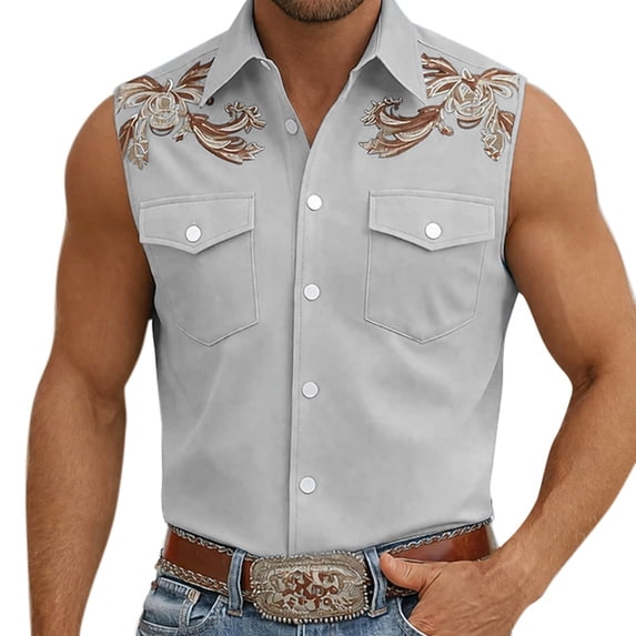 Shirts for Men Western Cowboy Print Geometric Sleeveless Casual Button Up Top Summer with Double Pockets Breathable Light Gray Shirt