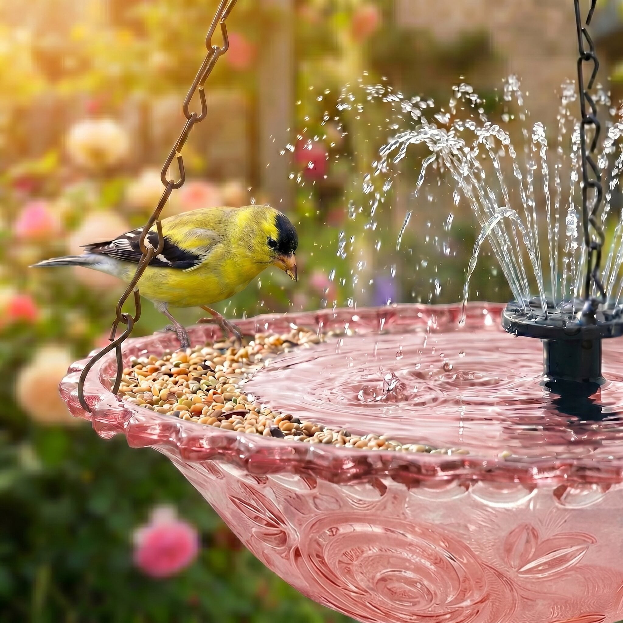 Fuebueo Solar Powered Hanging Bird Bath with Floating Fountain, Durable Birdbath for Outdoor Garden Decor, Hummingbird Bath with Solar Water Pump, Red
