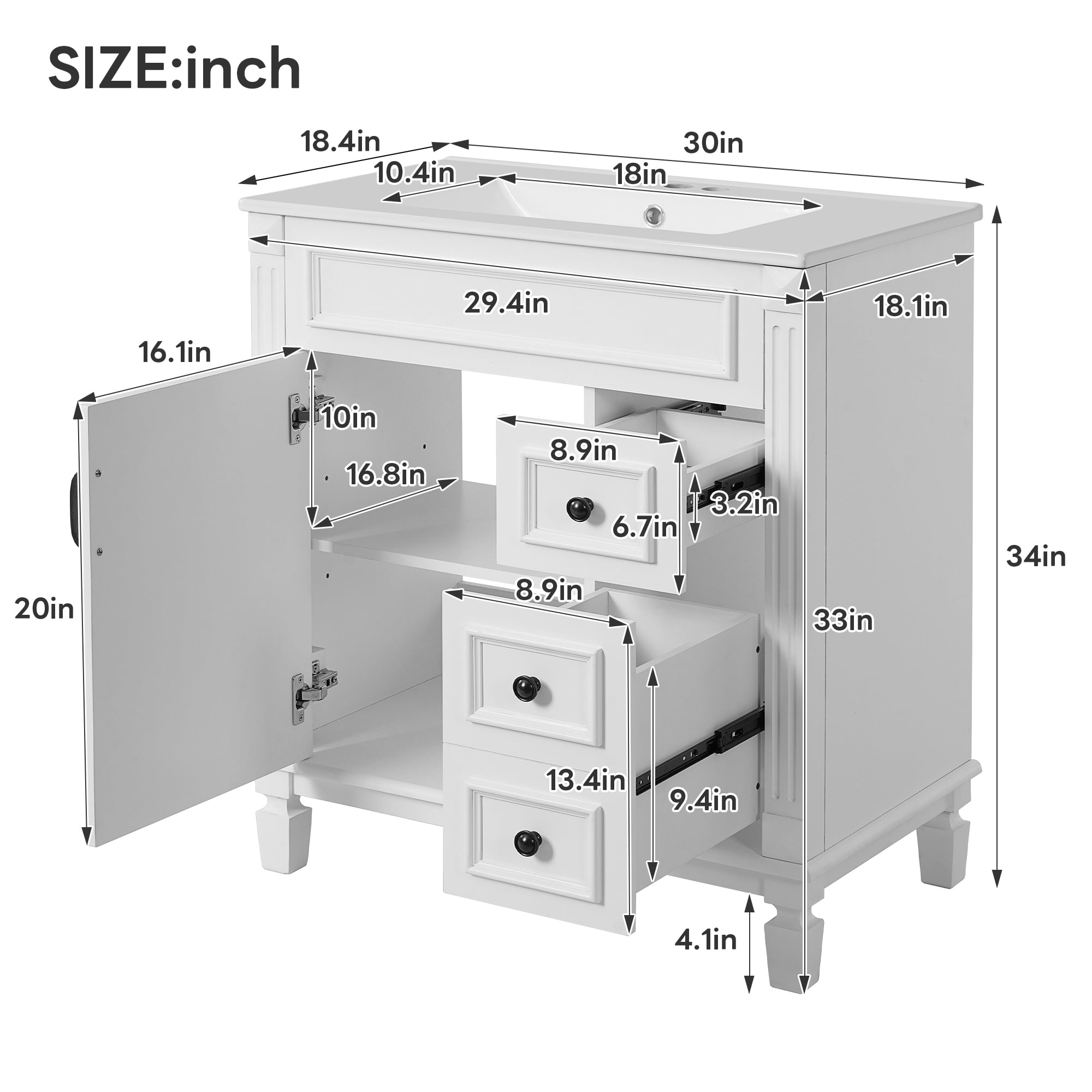 30'' Bathroom Vanity with Ceramic Sink Combo, Solid Wood Frame Bathroom Storage Cabinet with 2 Drawers & Adjustable Shelf, Freestanding Bathroom Vanities, Soft Closing, Metal Handle, White