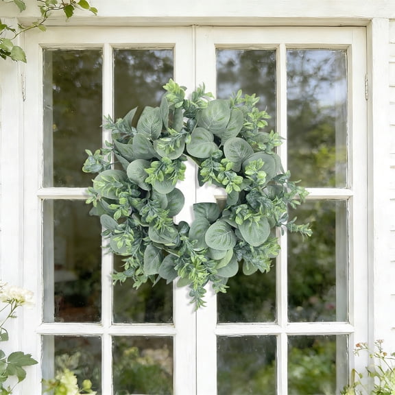 Bcylexb 13 Inch Artificial Green Wreaths for Front Door, Realistic Fake Eucalyptus Wreath Greenery Wreath with Flowers for All Seasons Home Wall Window Decorations