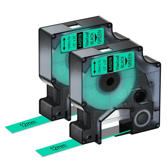 NineLeaf 2PK Compatible for DYMO D1 45019 1/2" x 23' (12mm x 7m) Black on Green Label Maker Tape for Label Manager 100 120P 160 210D