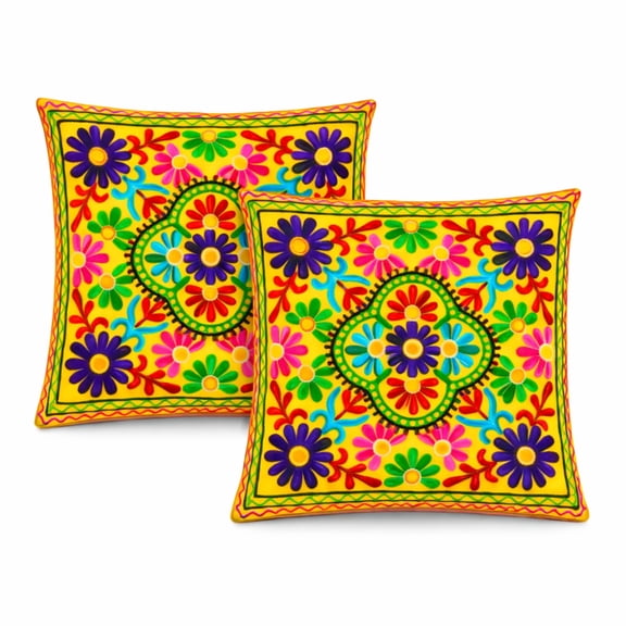 Colorful Floral Folk Art Cushion Cover Decorative Boho Throw Pillow Bright Ethnic Flower Pattern for Living Room Home Decor 16X16