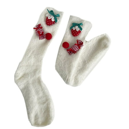 

AOOOWER Women Furry Plush Knee High Socks Lolita Strawberry Candy Bow Slipper Stockings