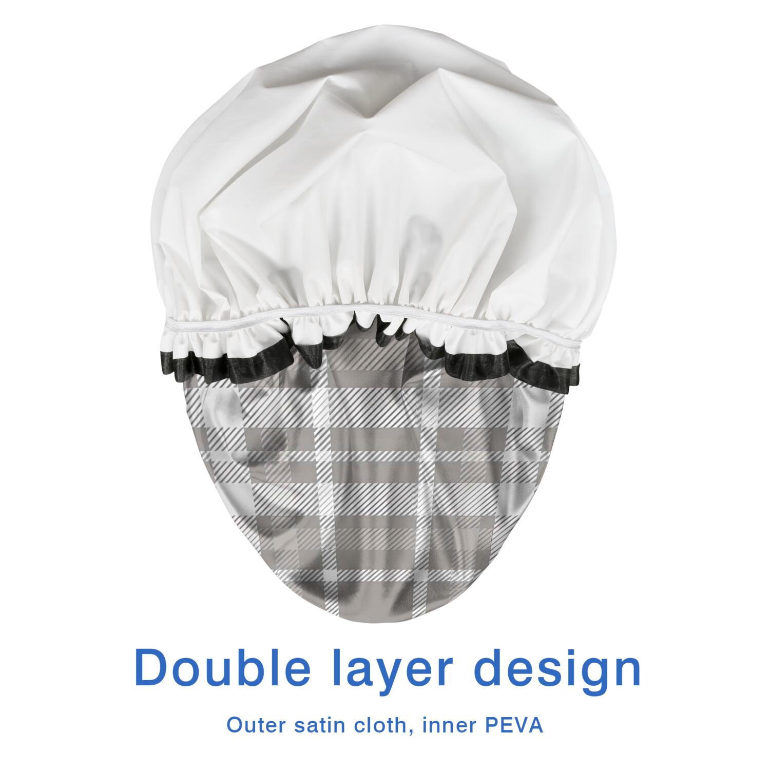 Shower Caps,Gray White Plaid Checkered Pattern Waterproof Shower Cap for Women 4 Pieces,Double Reusable Hair Cover for Shower PEVA Elastic Stretch Hem