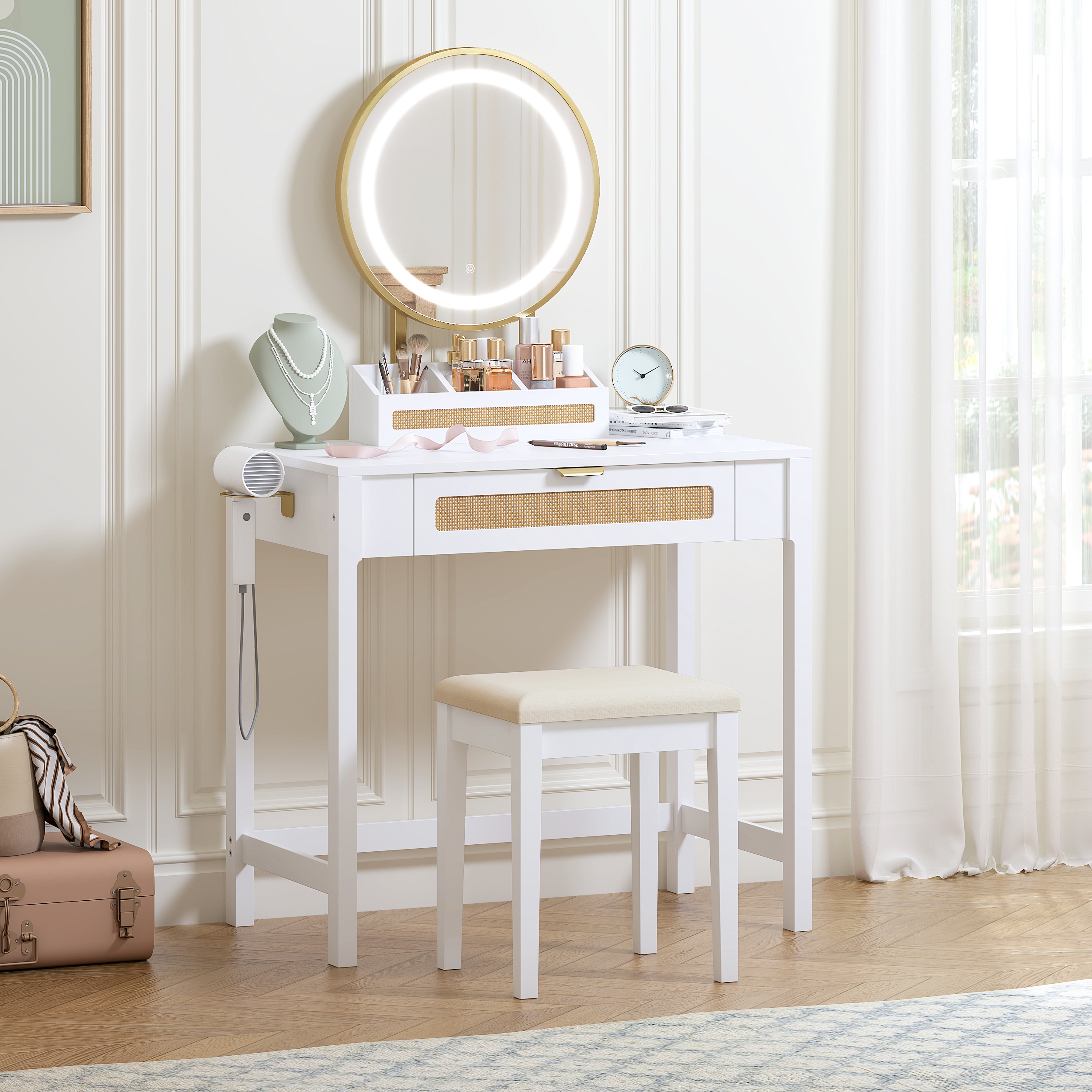 STAROUS Rattan Makeup Vanity Desk with Mirror and Lights, White Vanity Table with Drawers, Small Dressing Table with 3 Lighting Modes for Bedroom