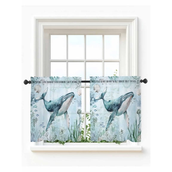 Coastal Whale Tier Curtains 36 Inch Length,Sheer Curtains for Bedroom Living Room,Nautical Ocean Shells Seaweed Coral Rod Pocket Voile Drapes Kitchen Curtains Small Half Window 27.5"x36" 2 Panels