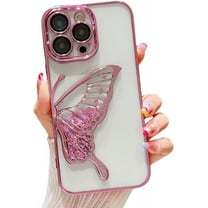 Compatible with iPhone Case,Glitter Electro Plated Butterfly Liquid Sand Clear Camera Lens Protection Soft Shockproof Cover Phone Case (Pink,iPhone 15 Pro Max)