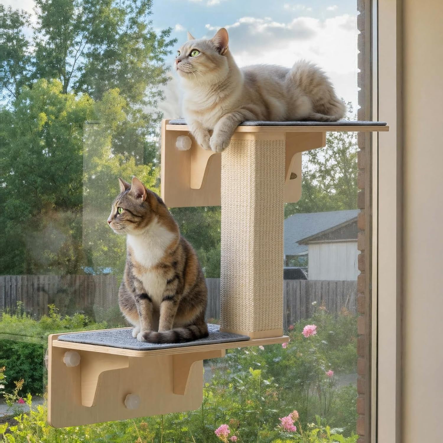Double Cat Shelves with Scratching Post for Wall and Window with Solid Wood, Strong Suction Cup, Washable Cover Mat, Cats Perch Bed for Birds Watching Inside Indoor Cat Hammock Bed
