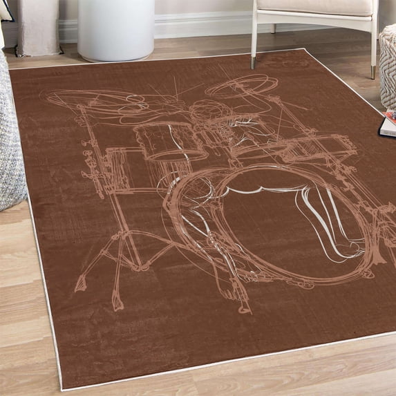 Rock Music Decorative Rug, Doodle Drawing Sketch Drummer Musical Inspirations Monochrome Arrangement, Quality Carpet for Bedroom Dorm and Living Room, 6 Sizes, Pale Redwood, by Ambesonne