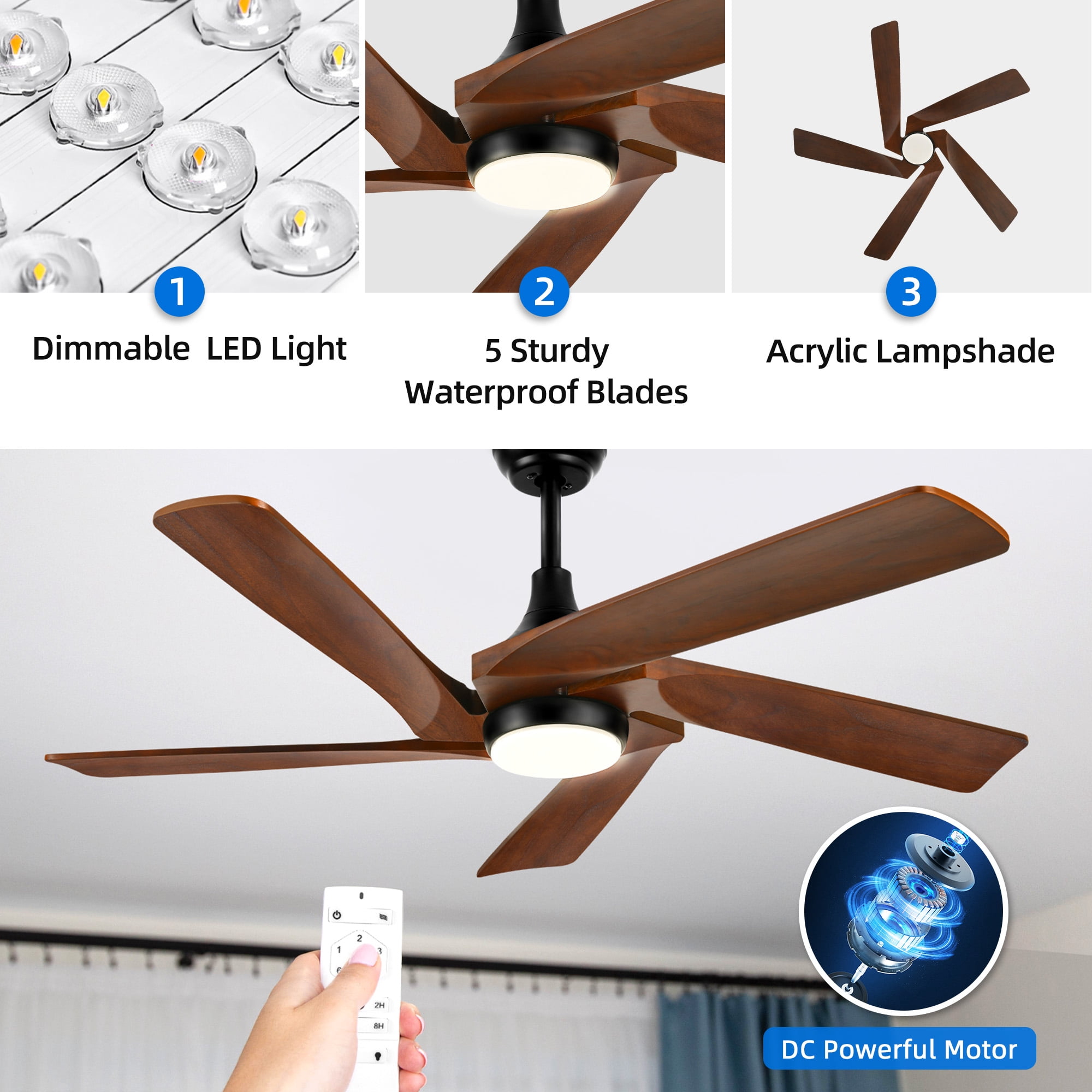 Dextrus 52 Inch Ceiling Fan with lights and Remote Control, Modern Ceiling Fan with 6-speed, 5 Solid Wood Blades- Walnut