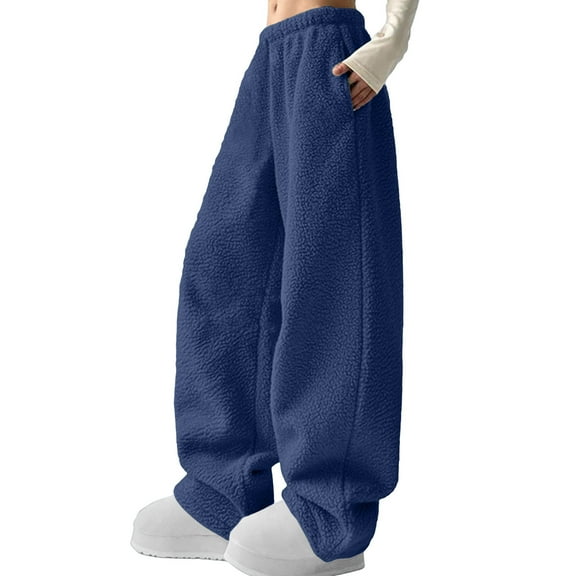 Women Fuzzy Pajama Pants Wide Leg Comfy Lounge Pants with Pockets Winter Warm Sherpa Lined Sweatpants Cute Pjs Blue M