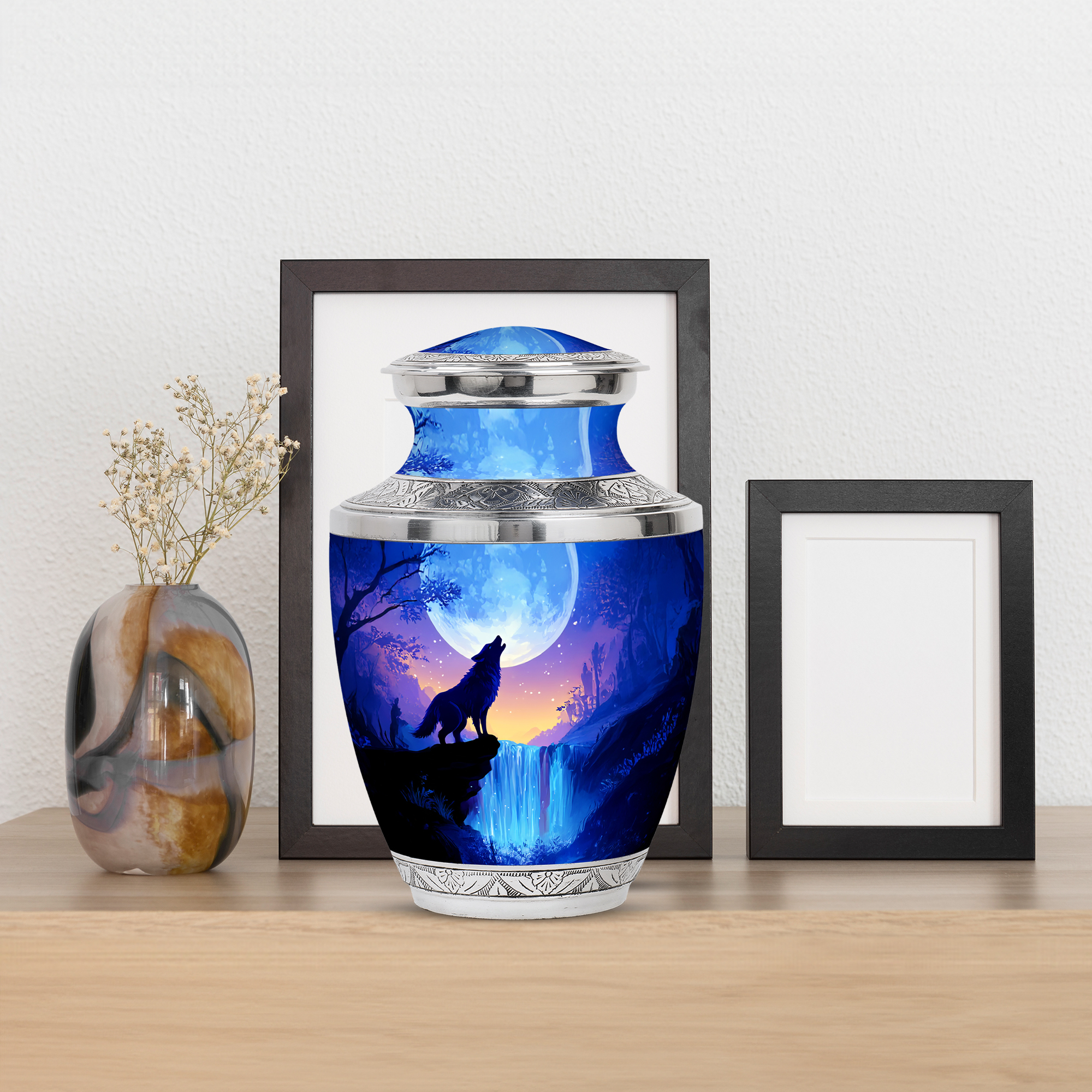 MUKTIVE Waterfall Urns for Human Ashes for Friends, Large Moon Urns for Adult Ashes for Women, Unique Wolf Keepsake Urns for Burial, Memorial Blue Urn for Mom & Dad (1 Large, 4 Keepsake)