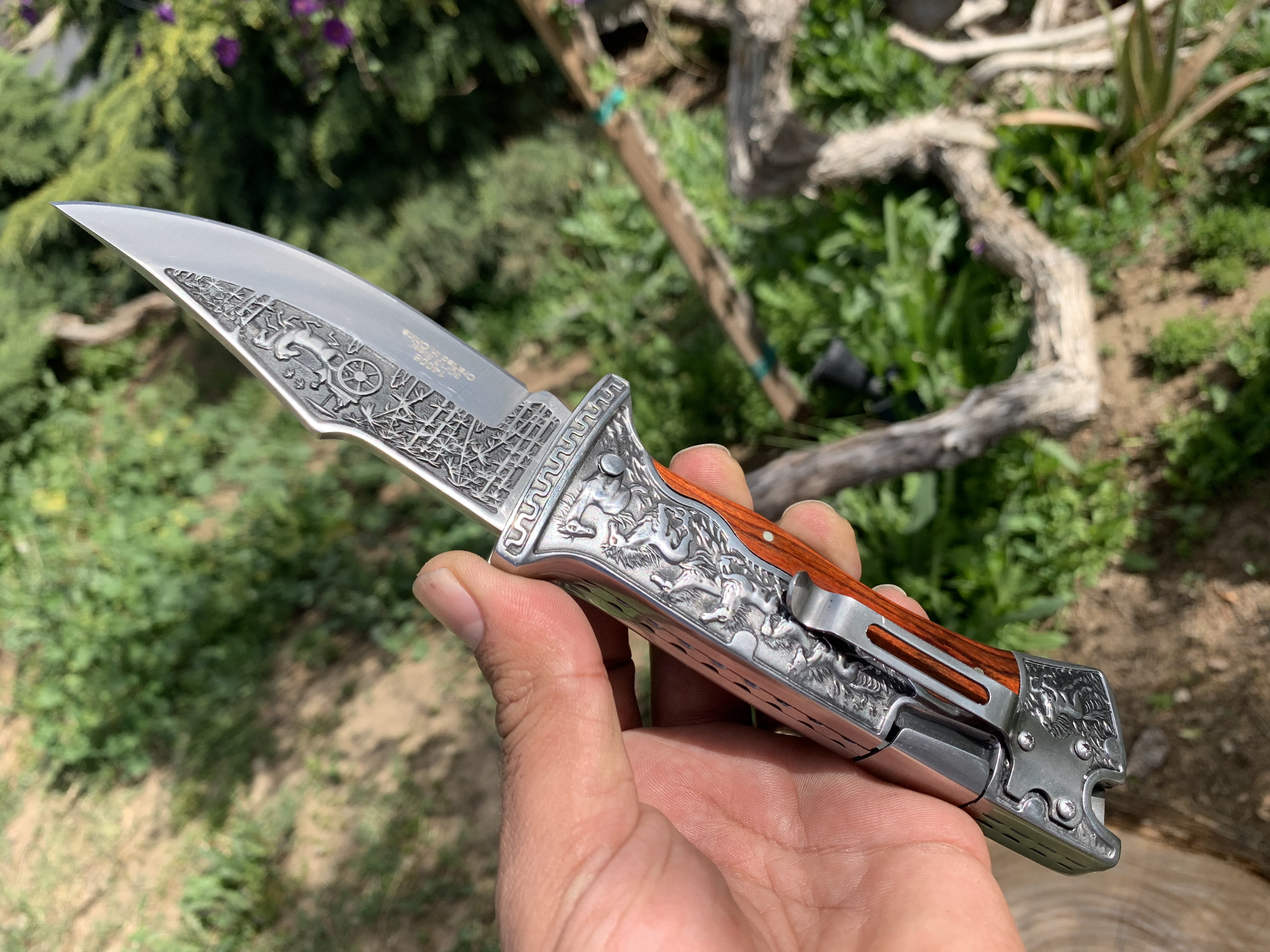 9" Engraved Hunting Folding Open Blade Pocket Knife Wood Handle 3CR13 Steel
