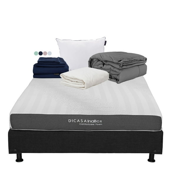 Colchón en Caja Matrimonial Restonic Inabox + Box Base cama + Almohada One + Sábanas Softy + Protector de Colchón + Edredón