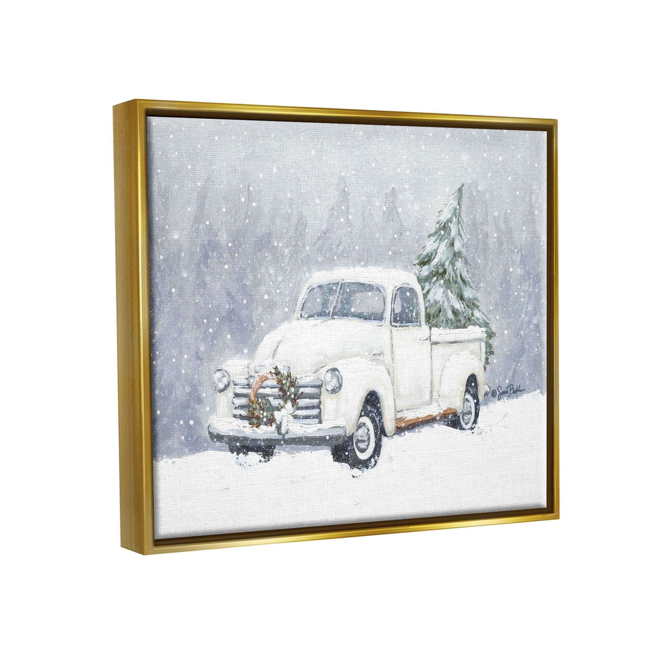Seasonal Niveous Snow Truck Scene Holiday Painting Metallic Gold Framed Art Print Wall Art