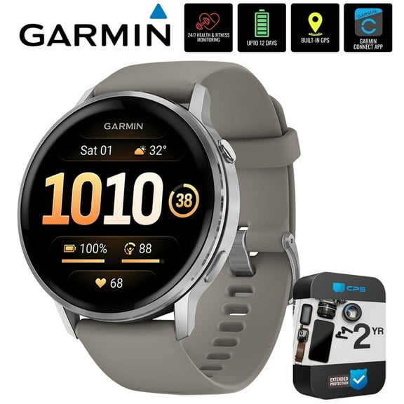 Garmin 010-03014-01 Venu 4, 45 mm Health & Fitness GPS Smartwatch, Silver with Silver Gray Band Bundle with 2 YR CPS Extended Warranty