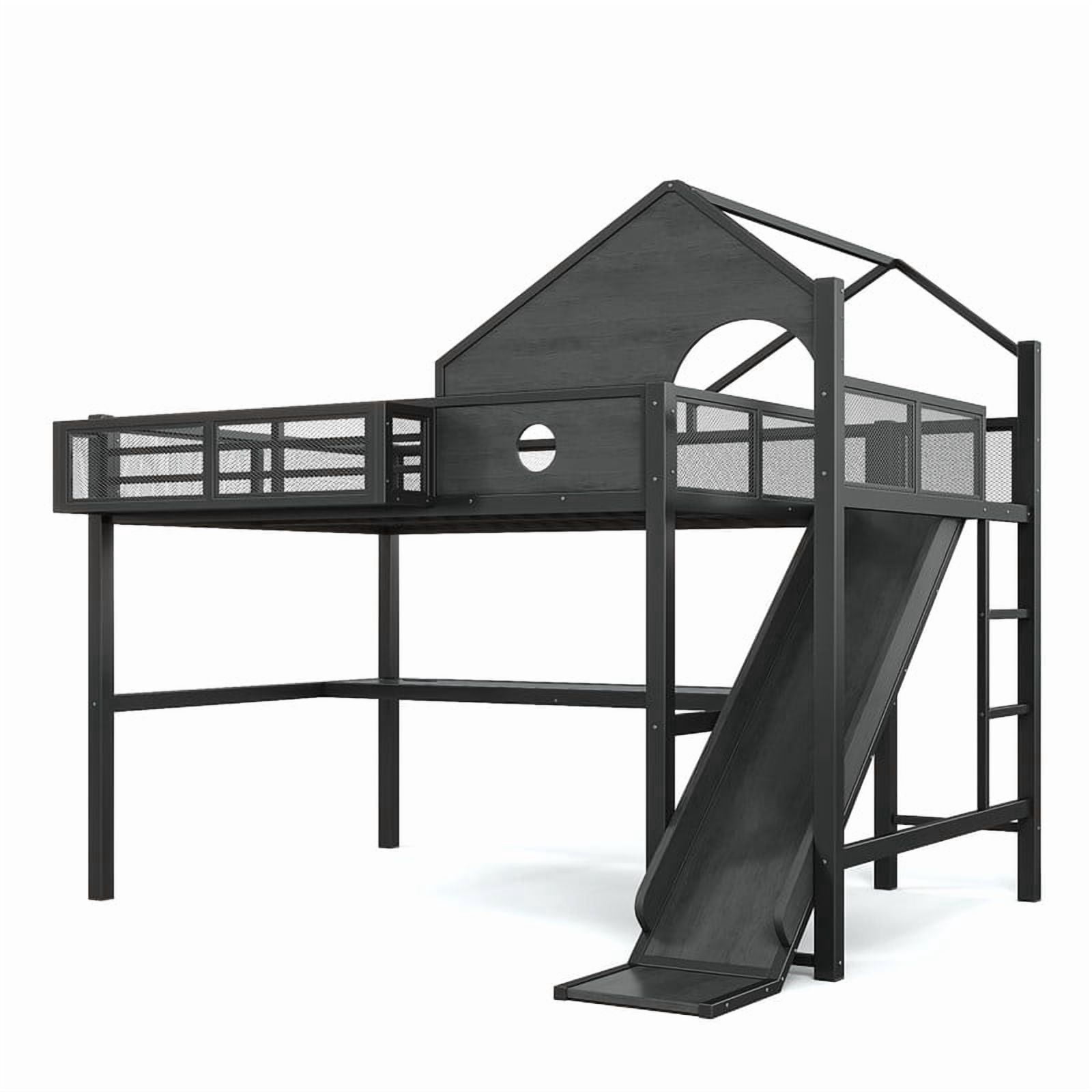 Full Size House Shaped Kids Loft Bed with Slide, Teens Metal Bed Frame with LED Lights, Desk, Power Outlet & Storage Shelf