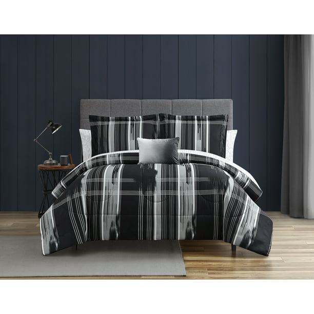 Mainstays Modern Plaid Black Bed In A, Twin Comforter On Twin Xl Bed
