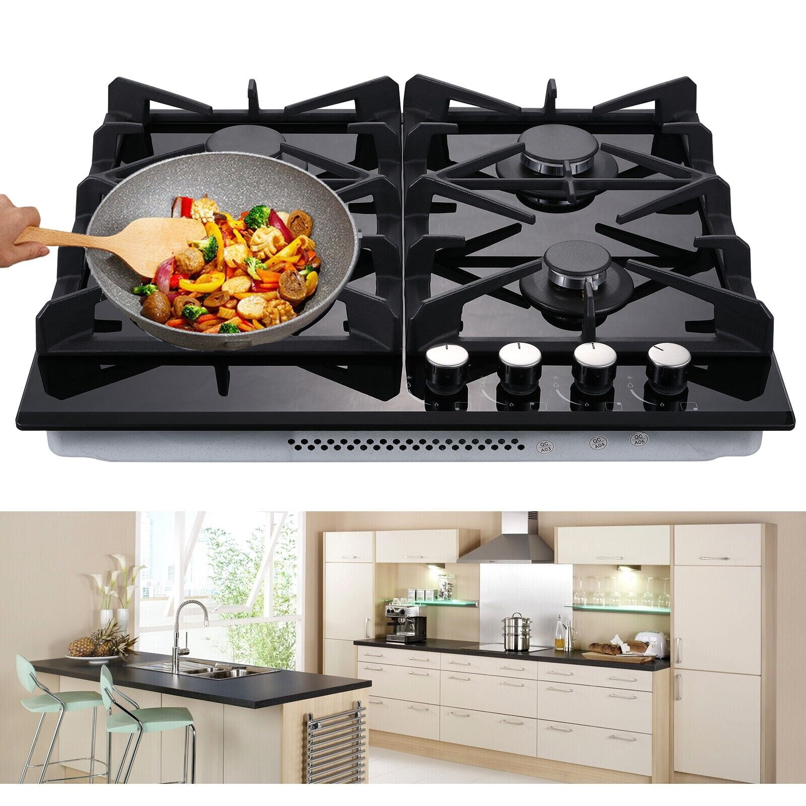 24" Kitchen Built-in Gas Cooktop 4 burners NG/LPG Stainless Steel Tempered Glass