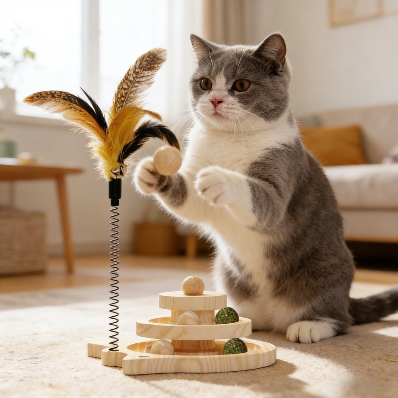 Cat Toy Wooden Rotating Spinner with Catnip – Durable Multi-Function Interactive Pet Toy for Scratching, Play & Mental Stimulation, Indoor Use Only