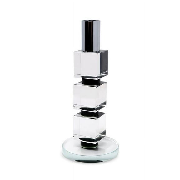 HomeRoots 590242 7 in. Silver, Clear & Black Block & Cylinder Crystal Tabletop Taper Candlestick