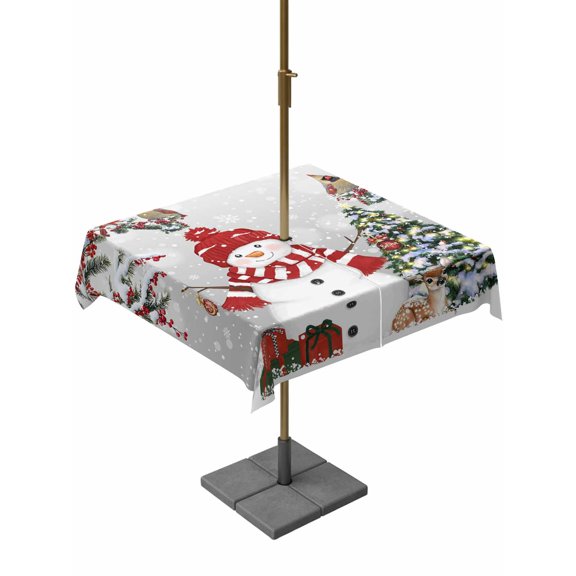 Outdoor Tablecloth with Umbrella Hole and Zipper, Grey Snowman Christmas Square Table Cloth 54x54 Inch Waterproof Tablecloth, Xmas Tree Branch Birds Picnic Table Cover for Patio Camping