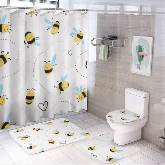 Cute Bee Pattern Shower Curtain Bathroom Sets Toilet Lid Rug, Bath Mat And Contour Mat, Shower Curtain 4Pcs