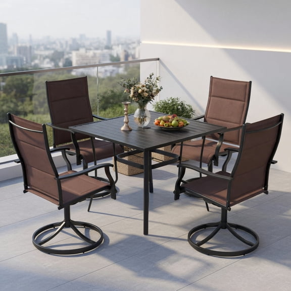 Resenkos 5-Piece Outdoor Dining Set with 4 360 Swivel Chairs and 36 Inch Square Table for Patio and Deck, Brown
