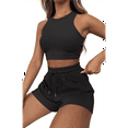 thumbnail image 2 of Women Summer Lounge Sets Casual Waffle Knit Crop Top Shorts Outfits 2 Piece Sets Sleepwear Black S, 2 of 7