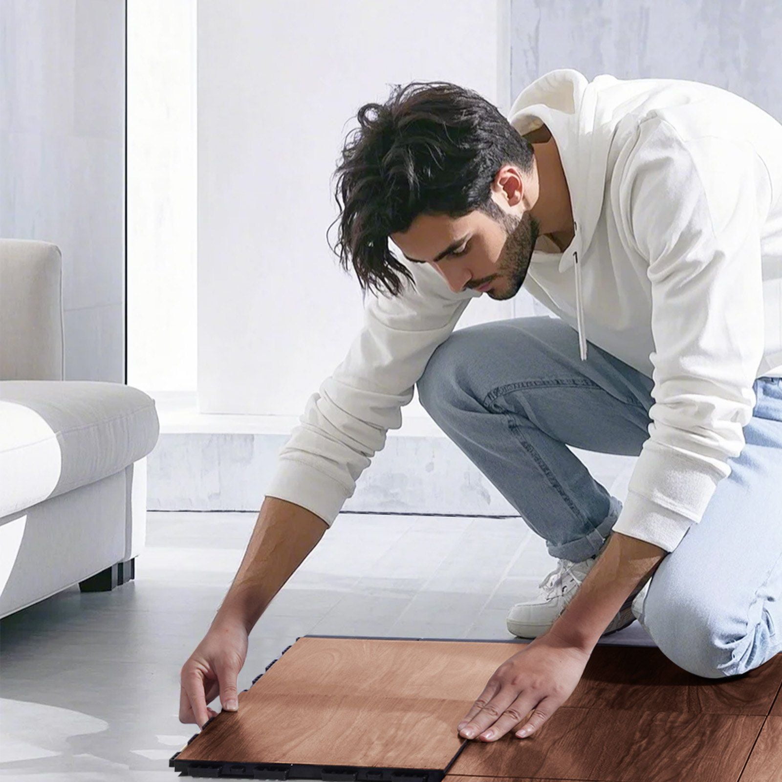 Interlocking Gym Floor Mats (25 Tiles) - 12.4x12.4 Inch Brown PP PVC Puzzle Tiles for Exercise, Dance & Dryland Training