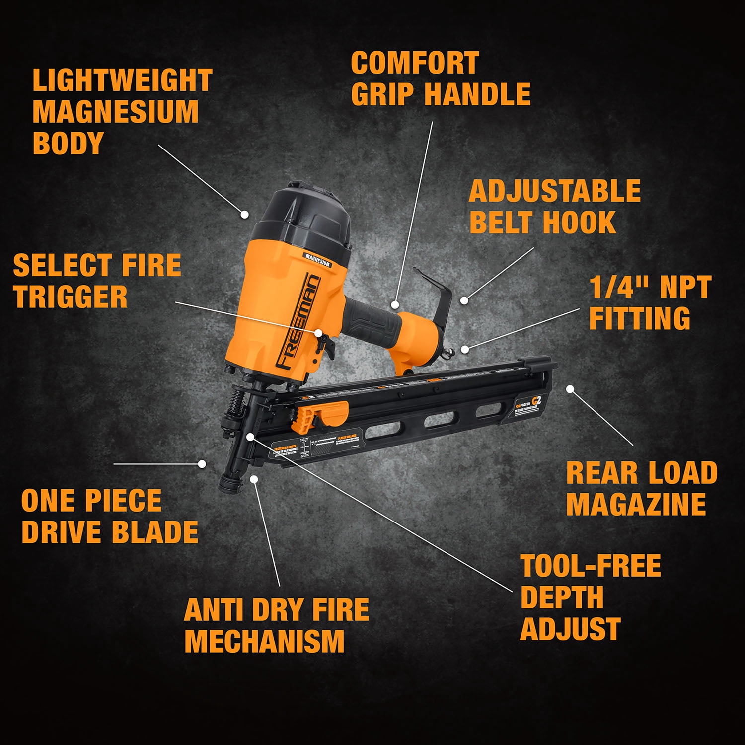 Freeman G2FR2190 2nd Generation Pneumatic 21 Degree 3-1/2" Framing Nailer with Adjustable Metal Belt Hook and 1/4" NPT Air Connector